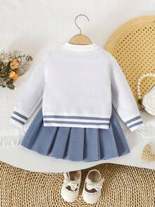 SHEIN Crew Neck Langarm Set Kleid, Schleifen Dekor gestreifte Manschette, lebendiger Rock Stil