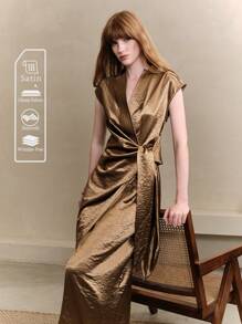 EMERY ROSE 女士纹理梭织面料扭褶设计腰部修身不对称领盖袖中长连衣裙，卡其色，女士办公室服装，女士约会夜服装，女士优雅连衣裙 - 咖啡 - 查看 1