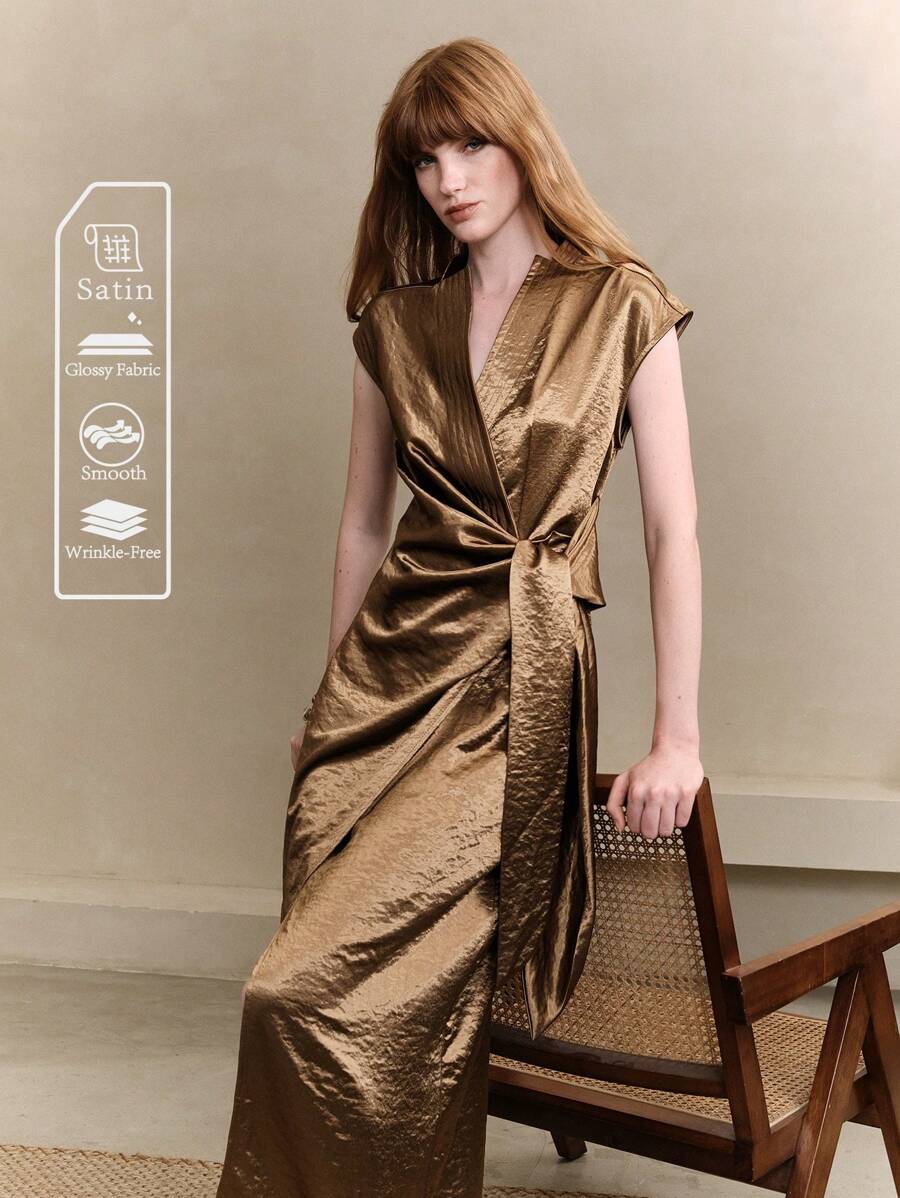 EMERY ROSE 女士纹理梭织面料扭褶设计腰部修身不对称领盖袖中长连衣裙，卡其色，女士办公室服装，女士约会夜服装，女士优雅连衣裙 - 咖啡 - 查看 1