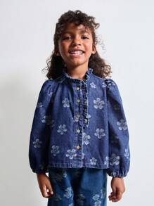 Maija Kids Maija Kids Young Girl Fashion Puff Sleeve Frill Trim Long Sleeve Casual Denim Shirt - Multicolor - View 3