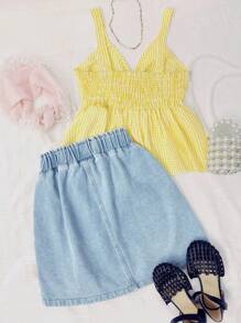 青少年女孩两件套可爱服装套装：休闲黄色格子吊带上衣，搭配雏菊花卉印花和荷叶边下摆，蓝色水洗牛仔雏菊印花迷你裙，活力休闲派对装，春夏 - 黃色 - 查看 2