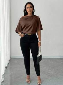 Maweii Plus Size Women's Sexy Asymmetric Neck Ruffle Trim Short Sleeve Elegant Casual Commuting Satin Blouse, Brown - Coffee Brown - View 6