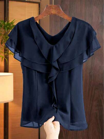 GlowEve 女式纯色V领荷叶边休闲夏季衬衫