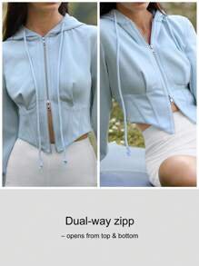 Fluxe 女士休闲纯色针织短款连帽修身夹克 - 藍色 - 查看 5