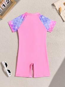 SHEIN 女童圆领半拉链短袖插肩袖连体泳衣，夏季 - 淺粉色 - 查看 2