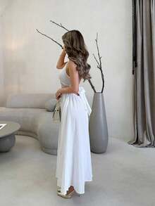 Jemour Textured V-Neck Halter Tie Backless Ruched Peplum A-Line Midi Dress For Vacation & Leisure,Sun Dress,For Summer Vacation,Women Summer Clothing