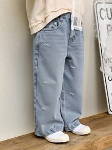 Dazy Kids 女童蝴蝶结刺绣牛仔裤，年轻女孩秋装 - 藍色 - 查看 1