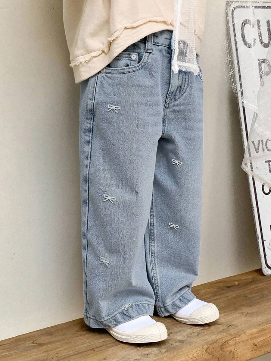 Dazy Kids 女童蝴蝶结刺绣牛仔裤，年轻女孩秋装 - 藍色 - 查看 1