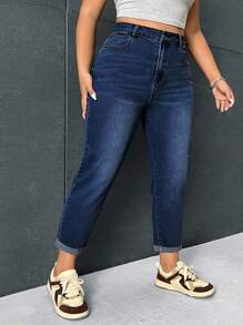 SHEIN ICON Kích thước lớn Của phụ nữ Denim Quần jean Với Túi - Rửa tối - Xem 6