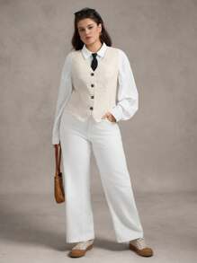 Zelara Áo ghi lê nhung kẻ cỡ lớn dành cho nữ, trang phục công sở thường ngày cho nữ, buổi hòa nhạc đồng quê, trang phục công sở phong cách Stockholm cơ bản, trang phục giáo viên sành điệu, trở lại trường vào mùa thu - Màu be - Xem 7