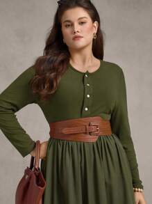 Zelara Đầm dài tay thường ngày dệt chắp vá cỡ lớn cho nữ có nút cài nửa thân - xanh quân đội - Xem 7