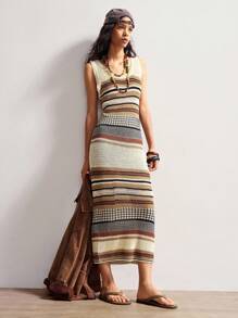 Bohemela Robe décontracté en tricot à col rond sans manches à rayures pour femme