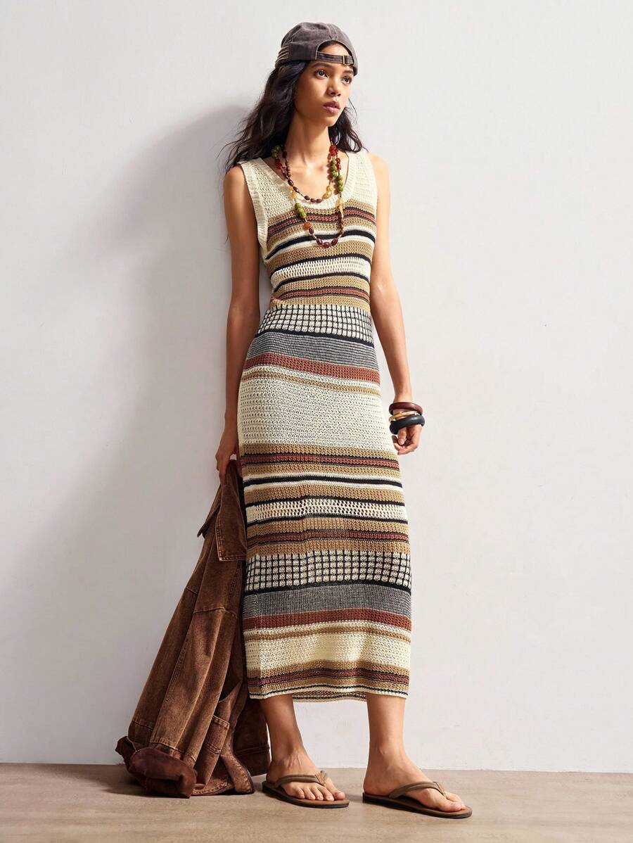 Bohemela 女士圆领无袖条纹针织休闲连衣裙 - 彩色 - 查看 1