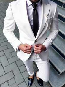 Manfinity Bizformal 男士纯色商务通勤西装套装：夹克和裤子 - 白色 - 查看 4