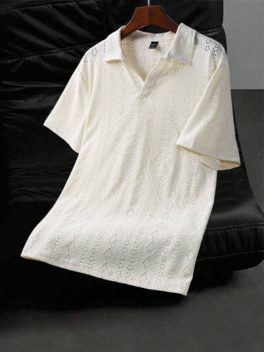 Manfinity Homme Men's Fashion Casual Hollow Out Short Sleeve POLO Shirt, Summer Men Crochet Shirt Crochet Men Shirt - Beige - View 1