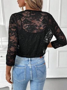 SHEIN Clasi Women's Open Front Lace See-Through Lightweight Jacket, Spring & Summer, Black Lace Shrug In Fall/Winter - Black - View 2