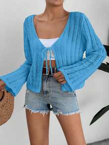 EURMUSE Áo khoác cardigan dệt kim mỏng rỗng tay loe buộc phía trước màu trơn dành cho nữ - Màu xanh lam - Xem 3