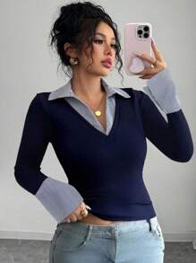 Elenzga 女式加大码优雅撞色领口和袖口设计修身高弹力罗纹面料时尚休闲长袖 T 恤 - 彩色 - 查看 1