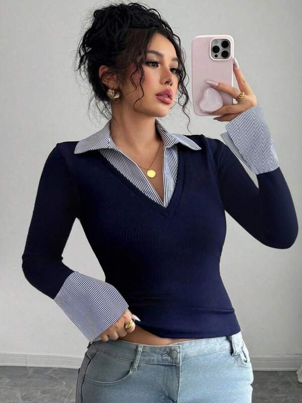 Elenzga Camiseta de manga larga casual y elegante para mujer de talla grande, con diseño de cuello y puños de contraste, de tela elástica acanalada y de moda