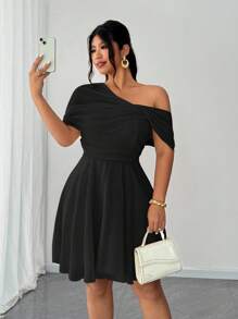 Elenzga 加大码女式优雅浪漫婚礼宾客礼服，雪纺单肩飘逸长裙，适合派对 - 黑色 - 查看 4