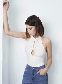 Maija Women's White Hollow Out Bow Decor Round Neck Sleeveless Tank Top, Casual Minimalist Elegant Sexy Everyday Wear, Party, Valentine's Day Festival