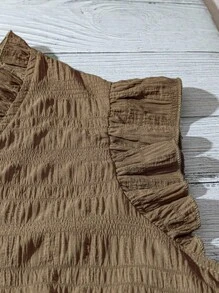 Linhara Plus Size Women's Solid Color Textured V-Neck Ruffle Trim Puff Sleeve Fitted Casual Regular Blouse - Khaki - View 5