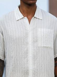 Manfinity Homme Men's Casual Striped Front Button Short Sleeve Shirt, Off-White Summer Breathable Linen Shirt With Pocket Design, Vacation Holiday Beach Shirt - White - View 4
