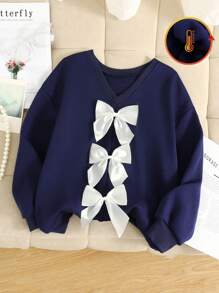 SHEIN Sweatshirt Pullover Longgar Bahu Jatuh dengan Kerah V Kontras Warna Kontras untuk Anak Perempuan Remaja, Kembali ke Sekolah dengan Pita, untuk Musim Gugur/Dingin - Royal Blue - View 3