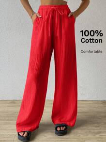 SHEIN EZwear 红色夏季纯色纹理褶皱面料宽松抽绳腰带纯棉休闲度假阔腿裤，大码，假日 - 紅色 - 查看 1