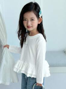 Dazy Kids 年轻女孩圆领长袖休闲荷叶边拼接宽松T恤