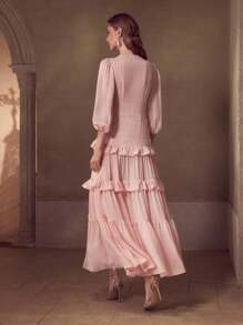 MOTF Soiréza FLOWY LANTERN SLEEVE LONG DRESS WITH WATER-SOLUBLE LACE - Pink - View 3