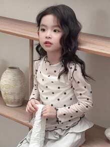 Dazy Kids 少女圆领长袖波点印花T恤 - 杏色 - 查看 5