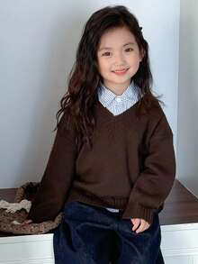 DAZY Girls V-Neck Loose Casual Sweater, Young Girl Fall Clothes - Coffee Brown - View 5
