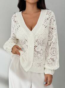 SHEIN PETITE 女士花卉镂空长袖单排扣宽松开衫