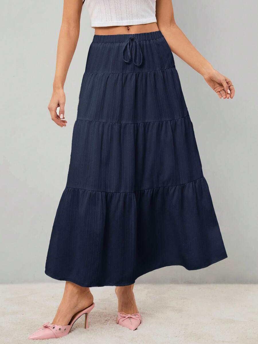 SHEIN Tall 女士纯色高腰系带荷叶边下摆长裙 - 藏蓝色 - 查看 1