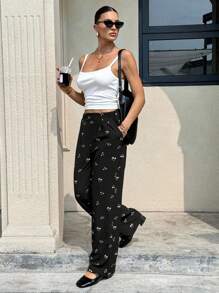 SHEIN Frenchy Vuelta al colegio para maestros - Pantalones casuales anchos con pliegues y bolsillo con estampado floral diminuto para mujer, perfectos para la oficina y salir, imprescindible del otoño - Pantalones estampados de invierno de uso diario en color negro - Negro - Ver 7