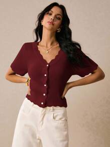 Poéselle Blusa de punto casual de mujer con cuello en V arqueado y manga corta, de un solo abotonado y unicolor - Burdeos - Ver 6