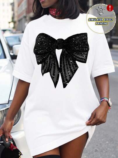 SHEIN EZwear Plus Size Women Loose Round Neck Drop Shoulder Bowknot Casual T-Shirt, Summer