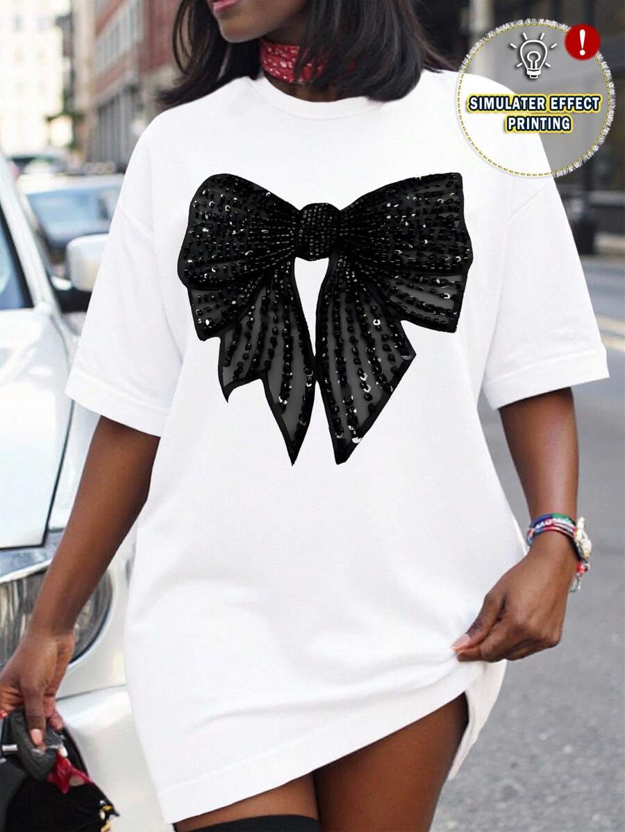 SHEIN EZwear Áo thun nữ cổ tròn rộng rãi, thả vai, thắt nơ, thường ngày, mùa hè - trắng - Xem 1