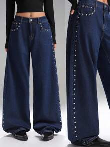 LYSMO 女士舞会/正式场合/度假/可爱/西部/商务 休闲/优雅/生日/外出/夜店/办公室/节日/锐舞派对/工作服/优雅/乡村音乐会/早午餐/邮轮/复古/机场/优雅/教堂/童话/下午茶/千禧一代/街头风/Y2K/迪斯科/毕业/婚礼宾客/鸡尾酒会/复古/宽松/度假/蓝色阔腿牛仔裤/金属色/宽松/拖地/休闲/牛仔裤，秋季女装 - 藍色 - 查看 1