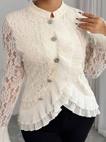 SHEIN Clasi Plus Size Women's Fashion Casual Lace Ruffle Flare Sleeve T-Shirt Fall Cloth For Women - Apricot - View 8
