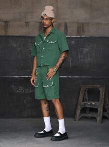 AXEPEAK Bộ 2 áo sơ mi nam họa tiết ngọc trai giả, phong cách đường phố, trang phục thời trang xuân/hè - màu xanh lá - Xem 6