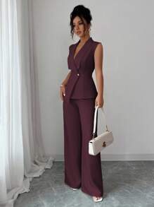 Elenzga Conjunto de oficina elegante para ir al trabajo y tomar el té de la tarde, compuesto por una chaqueta blazer sin mangas con cuello y bajo asimétrico, con decoración de hebilla metálica en la cintura, combinada con pantalones de cintura elástica, conjunto de 2 piezas, para primavera/verano