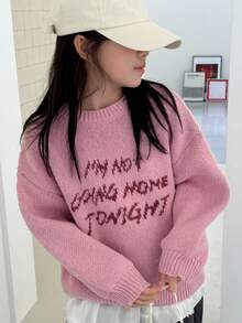 DAZY 青少年女孩字母图案落肩长袖圆领毛衣，秋季服装 - 粉色 - 查看 1