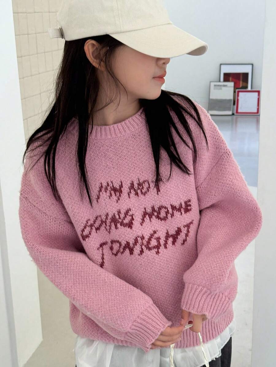 DAZY 青少年女孩字母图案落肩长袖圆领毛衣，秋季服装 - 粉色 - 查看 1