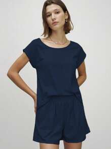 Airaco 2pcs Women Casual Solid Color Round Neck Dolman Sleeve Top And Shorts Set