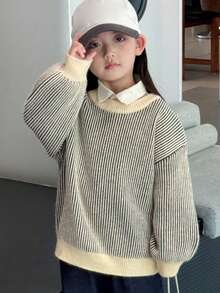 DAZY Suéter de cuello redondo a rayas para niñas pequeñas, ropa de otoño - Albaricoque - Ver 8