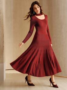 Anewsta 女士优雅复古红色连衣裙，A字廓形，适合万圣节、新年、秋冬季穿着。 - 酒紅色 - 查看 6