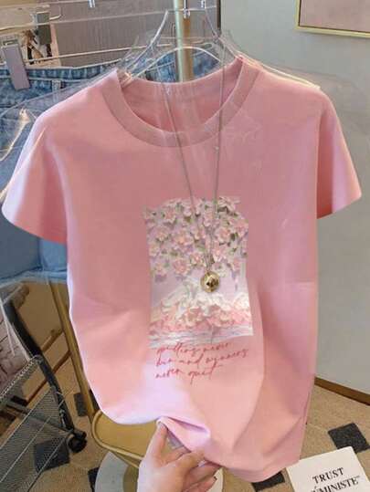 SHEIN 可爱休闲女式常规肩部修身短袖T恤