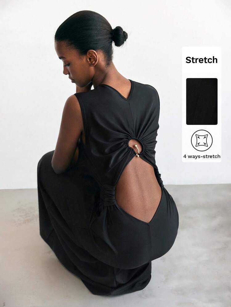 SHEIN Maija Women's Solid Color Backless Sleeveless Long Dress, Fashion ,Vacation Outfits,Autumn Outfits For Women, Christmas Women's Clothing